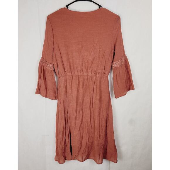 Indigo Rose brown embroidered lace bell sleeve gauzy dress Size Sm Peasant Boho - Picture 2 of 8